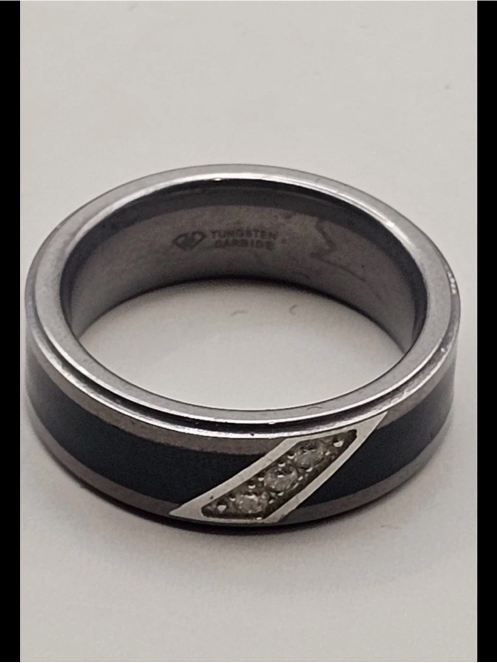 Men’s Tungsten Black Ring with Silver Trim and Diagonal Crystal Inlay
